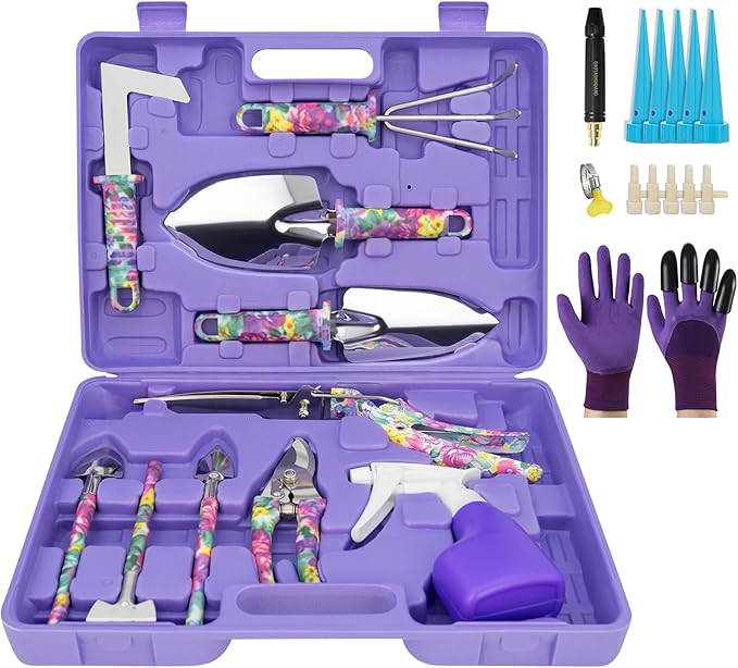 Garden Tool Set 17-Piece Garden Tools with Floral Print 304 Stainless Steel Garden Tools Set Gardening Kit Gardening Gifts for Women Purple