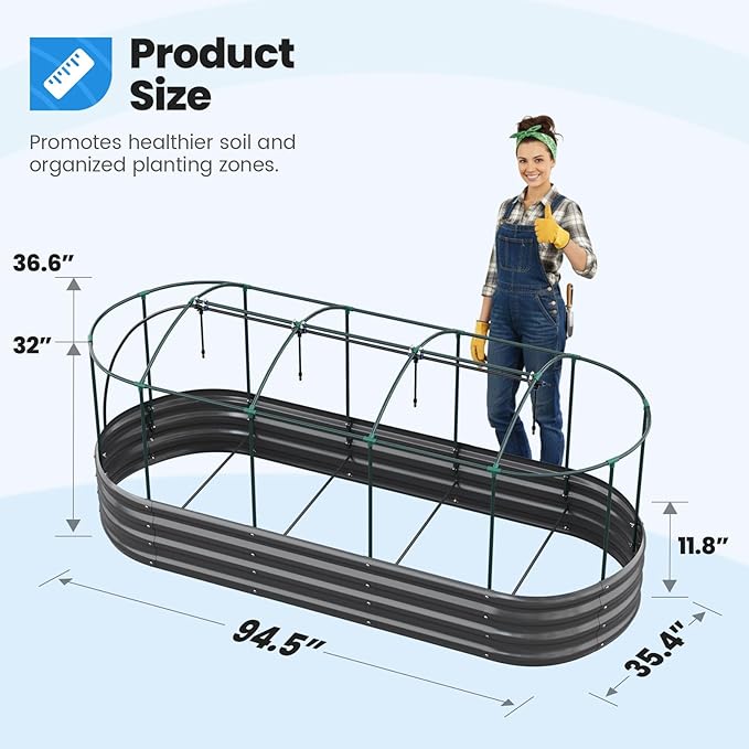 Quictent Galvanized Raised Garden Bed Kit with Self Watering System and Mesh Cover Large Oval Metal Outdoor Planter Garden Boxes for Vegetables Herbs Flowers 8x3x1Ft