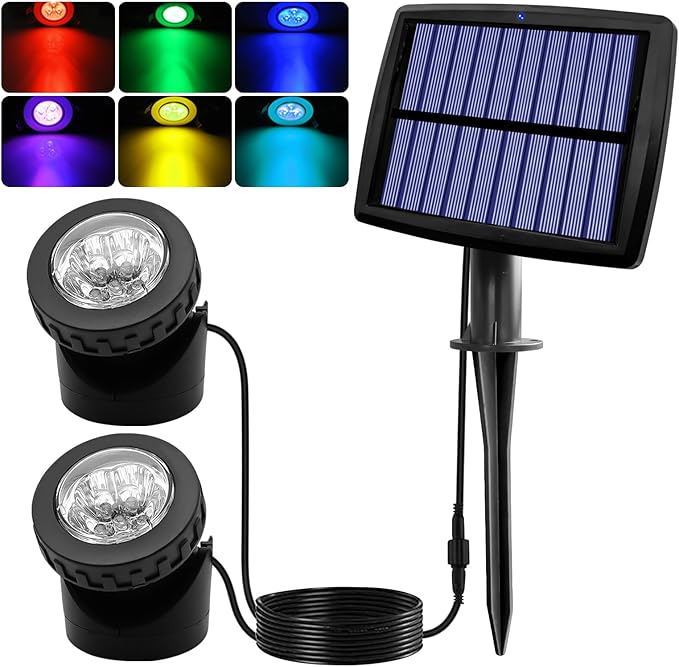 AVEKI Solar Pond Spotlights 12 LED Solar Underwater Lights with Dual Head Waterproof Submarine Landscape Spotlight Security Lighting for Outdoor Patio Ganden Fountain Pond… (RGB Dual Head)