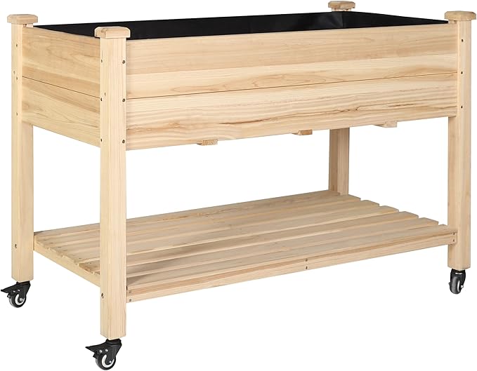 BlueWish 48 W x 24 D x 33 H Planter Boxes Outdoor Cedar Garden Bed with Detachable Black Liner Drainage Holes Storage Shelf Raised Beds for Gardening Vegetable Flower