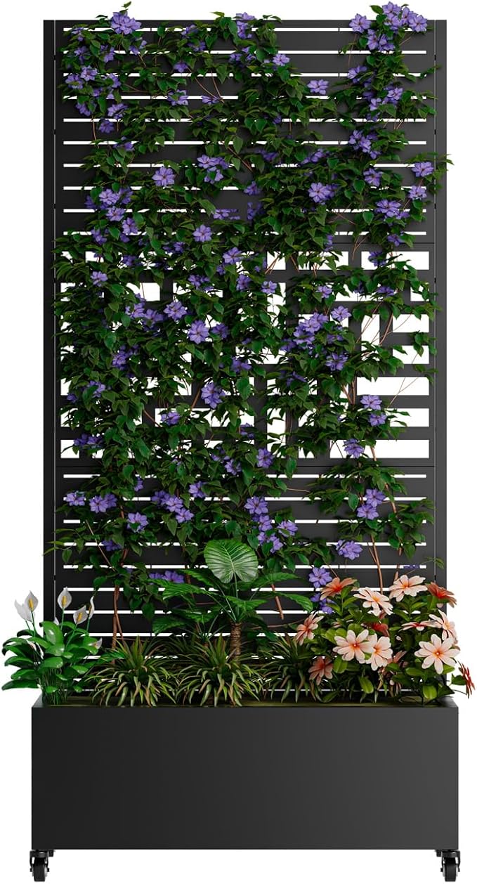 Metal Raise Garden Bed with Trellis Outdoor Indoor 73'' Tall Planter Box with Wheels Large Planter with Drainage Holes &amp Lockable Casters for Climbing Plants Vegetables Vines (Rectangle D)