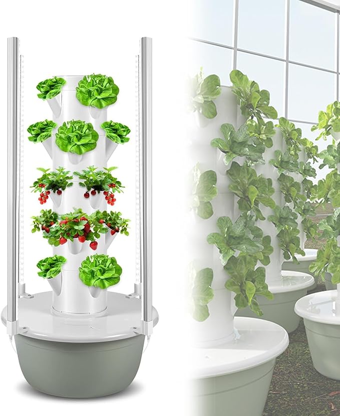 Hydroponics Tower Garden Hydroponic Growing System Aeroponics Growing Kit Indoor Herb Garden Kit with Hydrating Pump Controller for Herbs Fruits C(28Pots)