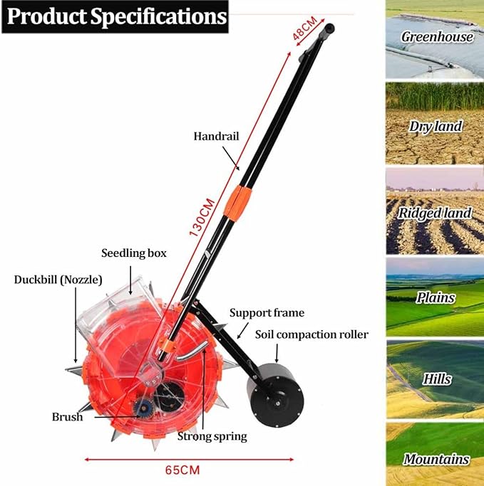 Precision Hand-Push Roller Seeder Seeds Dispenser Spreaders with 12 Seeding Nozzles Single-Wheel Planter Tool Manual Seeder Machine for Soy Peanut Corn Cotton Soybean