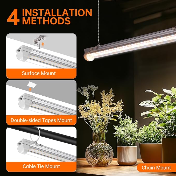 Bstrip Grow Light 2FT 144W (6 x 24W) Plant Light Full Spectrum with 660nm Red LEDs 3686K T8 Grow Lights for Indoor Plants Greenhouse Seeding Linkable Design with On/Off Switch 6-Pack