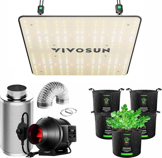 VIVOSUN VS1000 LED Grow Light with Ventilation Kit 4 Inch 190 CFM Inline Fan with Speed Controller 4 Inch Carbon Filter and 8 Feet of Ducting and 5-Pack 3 Gallon Plant Grow Bags