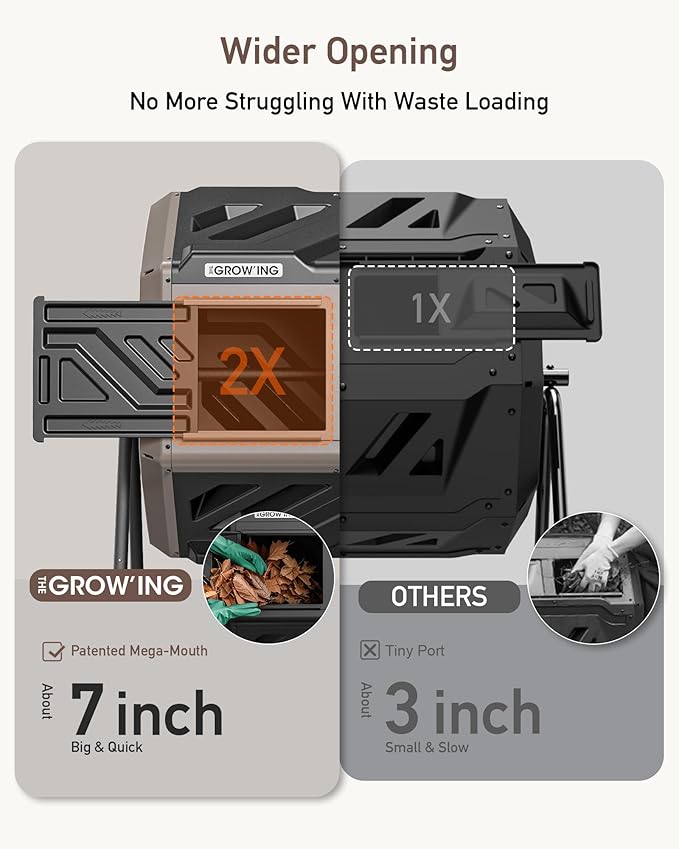 THEGROW'ING Updated 43 Gallon Compost Bin Outdoor Fast Assemble Tumbling Composter Dual Chamber Composter Tumbler Rotating Compost Bin for Outside Backyard Garden and Yard Coffee