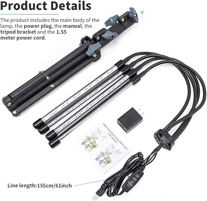 LED Full Spectrum Growing Lamps with Tripod Dimmable Timing Greenhouse Flower Adjustable Plant Grow Lights with Remote Control60w