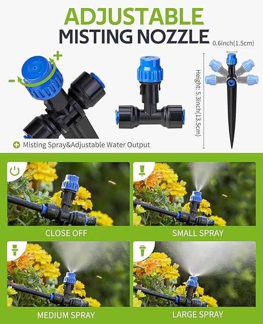 HIRALIY 59FT Greenhouse Misting Drip Irrigation Kit with Water Timer Quick Connector Design Garden Watering System Automatic Irrigation System with Tubing Nozzles for Hanging Plants Raised Bed