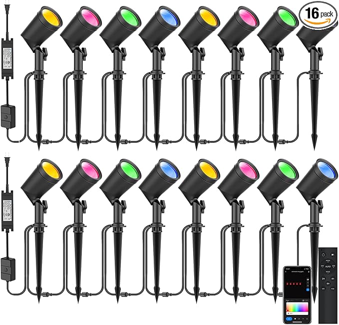 ZYAN APP Control Die-Cast Aluminum RGB Landscape Spotlights with Remote Control Color Changing Music Sync Timer Alexa Compatible Outdoor IP65 Waterproof for Patio Garden Yard Pathway 16 Pack (2×8)