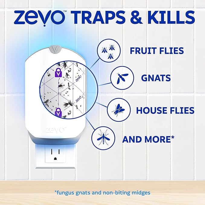 Zevo Flying Insect Trap &amp 3 Refill Cartridges - Plug in Fly Trap &amp Indoor Bug Catcher for Gnats House &amp Fruit Flies - Blue &amp UV Light Technology Mess-Free Alternative to Bug Zapper