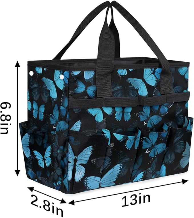 Butterfly Blue Gardening Tool BagHeavy Duty Garden Tote BagPortable Oxford Gardening Storage Basket Organizer Handbag with Pockets HandleHand Tools Gifts for Outdoor Garden Lawn Yard