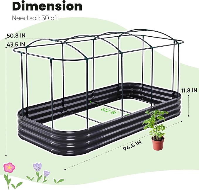 KING BIRD Raised Garden Bed with Cover Galvanized Oval Planter Garden Box Outdoor for Gardening Vegetables Flowers 94.5x47.2x11.8 in White