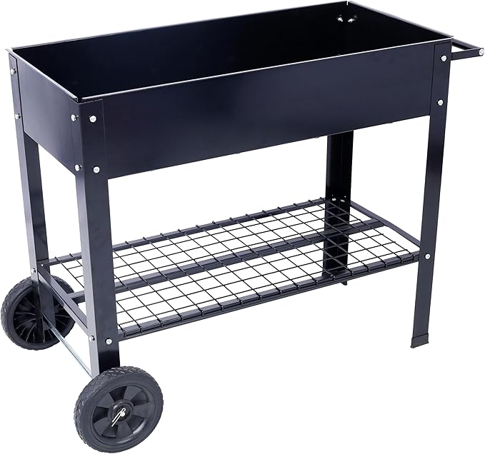 Products Elevated Mobile Raised Ergonomic Metal Planter Garden Bed for Backyard Patio w/Wheels Lower Shelf Black