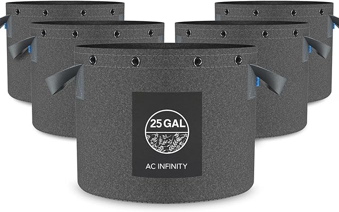 AC Infinity Heavy Duty Fabric Pots 25 Gallon Aeration Reusable Grow Bags 5-Pack with 500G Thick Nonwoven Fabric and Multi-Purpose Rings for Low Stress Plant Training Fruits Vegetables and Flowers