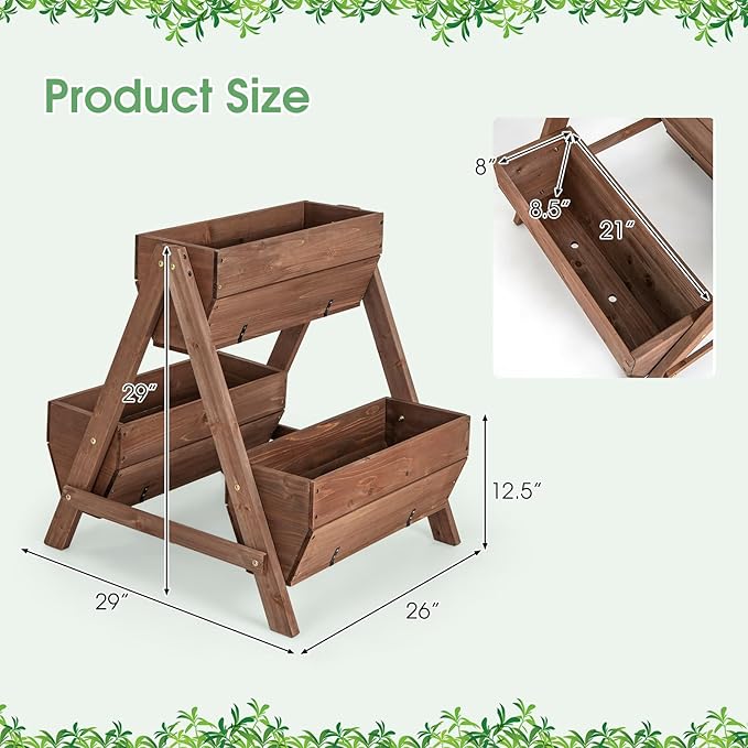 Giantex Vertical Raised Garden Bed 3 Wood Planter Boxes for Flower Vegetable Fruit Herb Freestanding Garden Planter with Drain Holes Elevated Raised Beds for Indoor Outdoor Lawn Patio Yard Brown