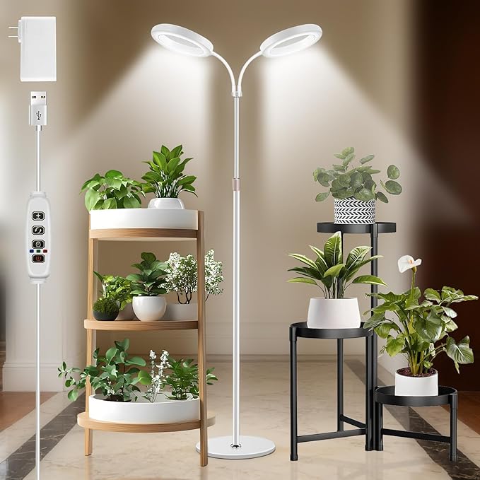 Floor Grow Lights for Indoor Full Spectrum Plant Lighting with Adjustable 68 Stand for Growing Large Tall Plants 3/9/12H Timer3 Light Modes 2Heads
