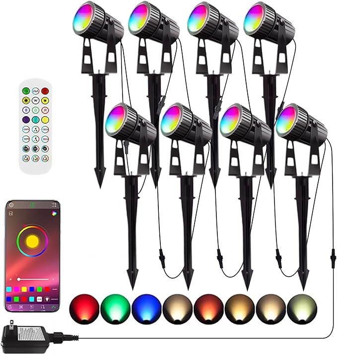 Smart Low Voltage Landscape Lights Bluetooth Landscape Lighting RGB Warm White LED Spotlights APP Control 12V 24W Outdoor Yard Spot Lights with Spike Stand Waterproof Garden Light Music Sync