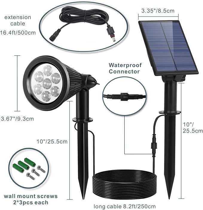 Solar Spotlight Outdoor Spot Light with Separate Solar Panel ＆ 24.6ft Long Waterproof Cable Bright 7-LED Ground Flag Pole Light Dusk-to-Dawn Landscape Lighting for Flag House Tree Garden (White)