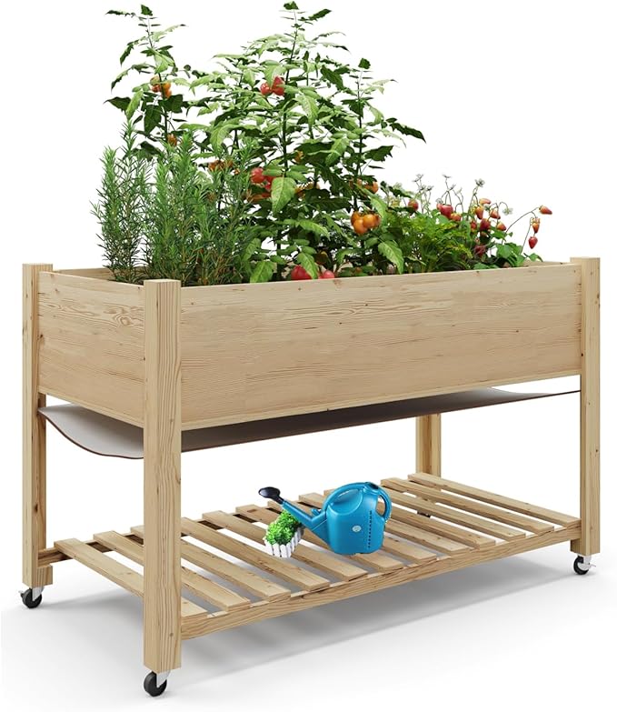 Outdoor Raised Garden Beds with Lockable Wheels Elevated Wooden Growing Bed for Flowers VegetablesPlanter Box with Legs &amp Storage Shelf for Backyard Patio Balcony