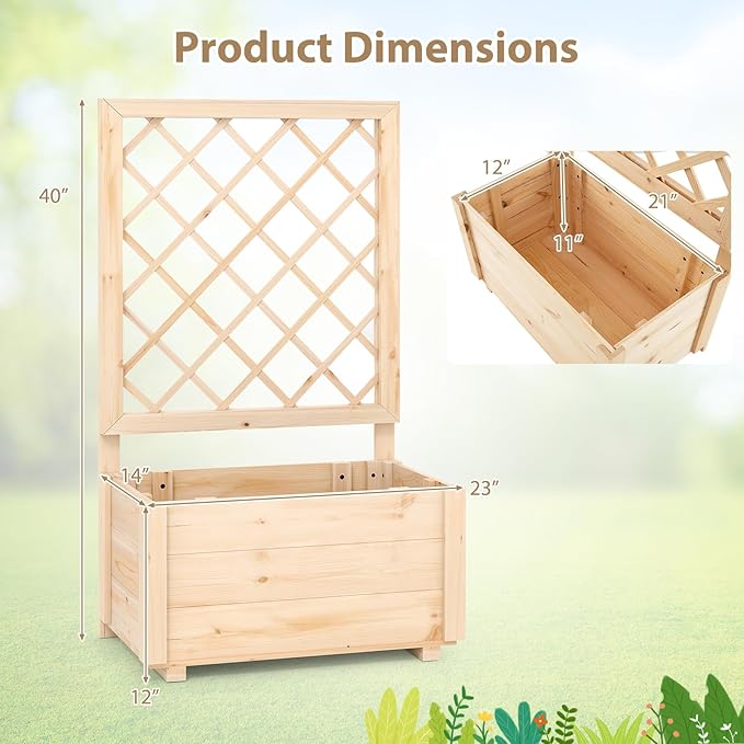 Giantex Raised Garden Bed with Trellis Wooden Elevated Planter Box for Climbing Plants Outdoor Garden Planter for Vegetables Flowers Herbs Patio Balcony Planting Box 23 x 14 x 40 Inch