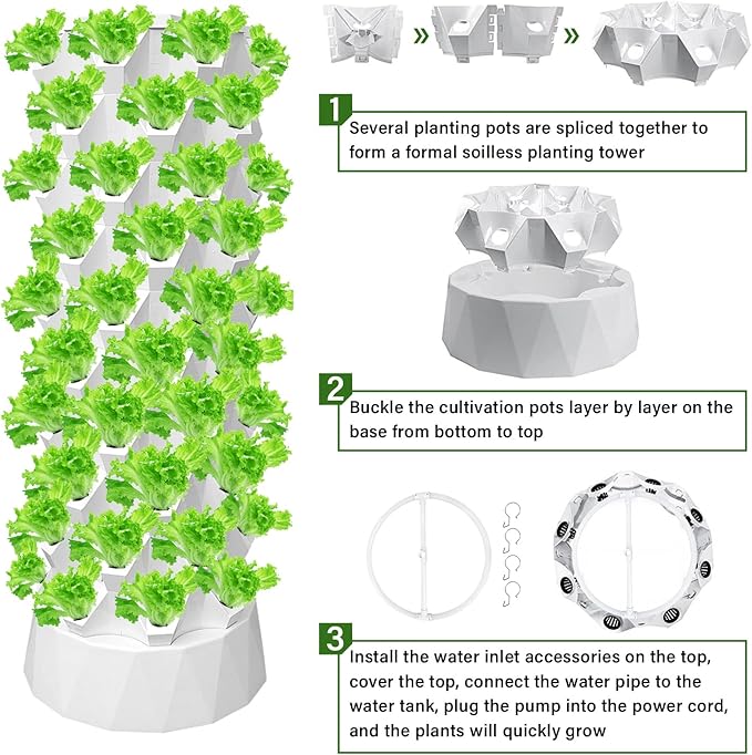 Hydroponic Tower Growing System 10 Layers 80 Pots with Water Pump Indoor Outdoor Hydroponics Planter Kit Vertical Garden Tower for Growing Strawberries Tomatoes Lettuce