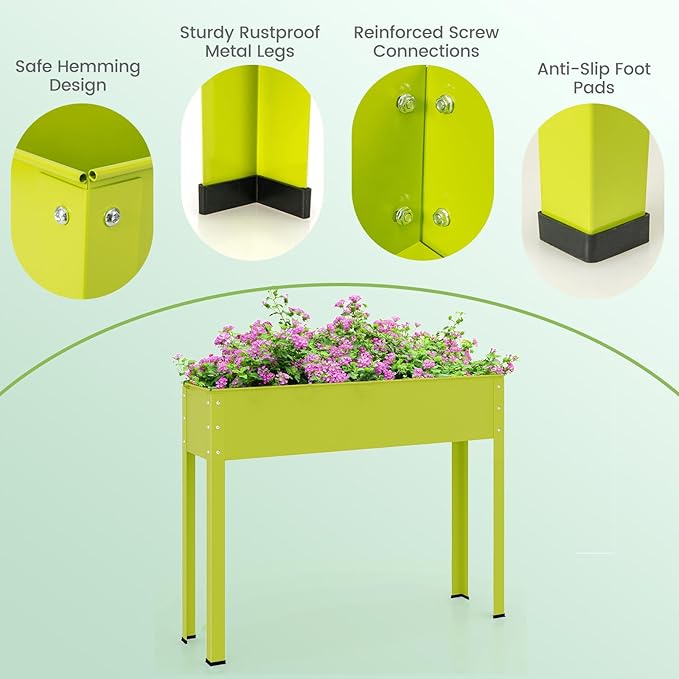 Giantex Raised Garden Bed Metal Planter Box with Legs Drain Hole Outdoor Indoor Elevated Garden Box for Vegetable Flower Herb Fruit Standing Raised Beds for Backyard Porch Balcony Green