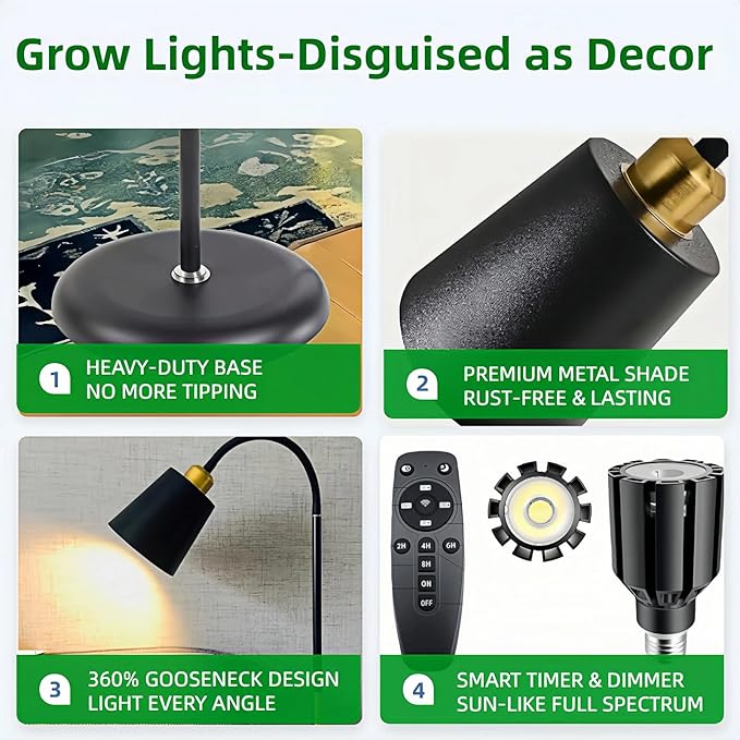 Floor Lamp Grow Lights for Indoor Plants Adjustable Height Tall Standing Plant Light with Remote &amp Timer 360° Gooseneck Full Spectrum Dimmable Weighted Base