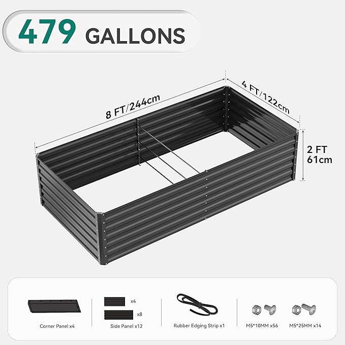 YITAHOME 8x4x2 ft 4pcs Galvanized Raised Garden Bed Kit Large Metal Planter Box with Gloves Safety Rubber &amp Support Rod Outdoor Flower Bed for Plants Vegetables Black