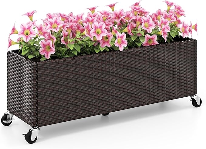 Giantex Wicker Raised Garden Bed with Wheels 38”x12”x14” Rectangular Garden Planter Box w/PE Rattan Liner Fabric Wicker Patio Elevated Raised Bed for Vegetable Flower Herb Porch Balcony