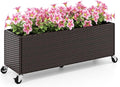 Giantex Wicker Raised Garden Bed with Wheels 38”x12”x14” Rectangular Garden Planter Box w/PE Rattan Liner Fabric Wicker Patio Elevated Raised Bed for Vegetable Flower Herb Porch Balcony