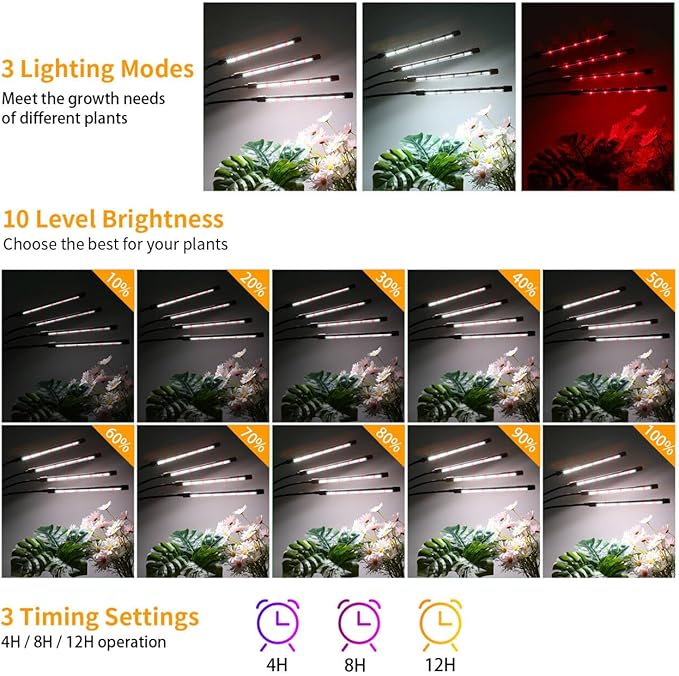 Black Clip Grow Lights for Indoor Plants 168 Full Spectrum LEDs Clip Plant Growing Lamps with Flexible Gooseneck and 4/8/12h Timer 3 Spectral Modes 10 Dimmable Levels (4 Head 1 Pack)