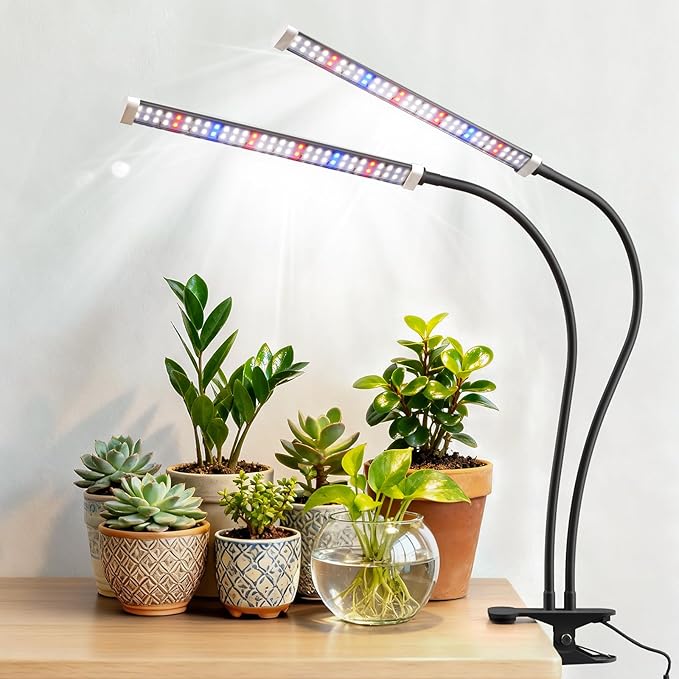 Grow Light for Indoor Plants 120 LEDs Full Spectrum 5700K Plant Lamp with Red Blue White Light 5-Level Dimmable 4/8/12H Timer Adjustable Clamp Stand(Dual Head)