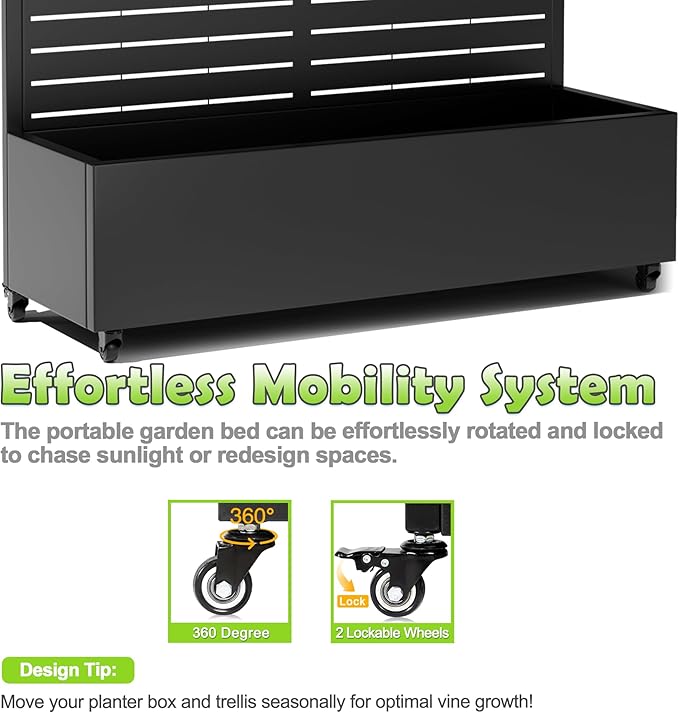 15.7×70.9×47.2 Metal Raised Garden Bed with Trellis and Wheels - Tall Trellis Planter Box for Climbing Plants Vegetables &amp Vines - Outdoor Privacy Planters for Patio (Black-Louvered)