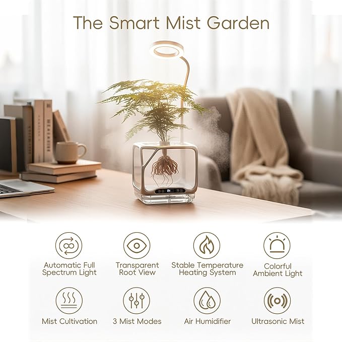Misting Hydroponic Growing System Kit Smart Aeroponics Indoor Herb Gardening Planter Root ViewAir Humidifier&ampAuto Light-3 Mist ModesTemperature Control for Growing Vegetables/Flowers/Pods/Fruit