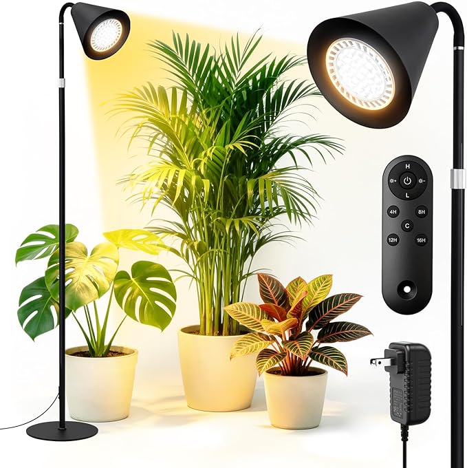Grow Lights for Indoor Plants 20W Full Spectrum Growing 63in Adjustable Height Stand 4/8/12/16H Auto Cycle Timer 10 Levels Dimmable Remote Control Standing Grow Floor Lamp for Small to Tall Plant