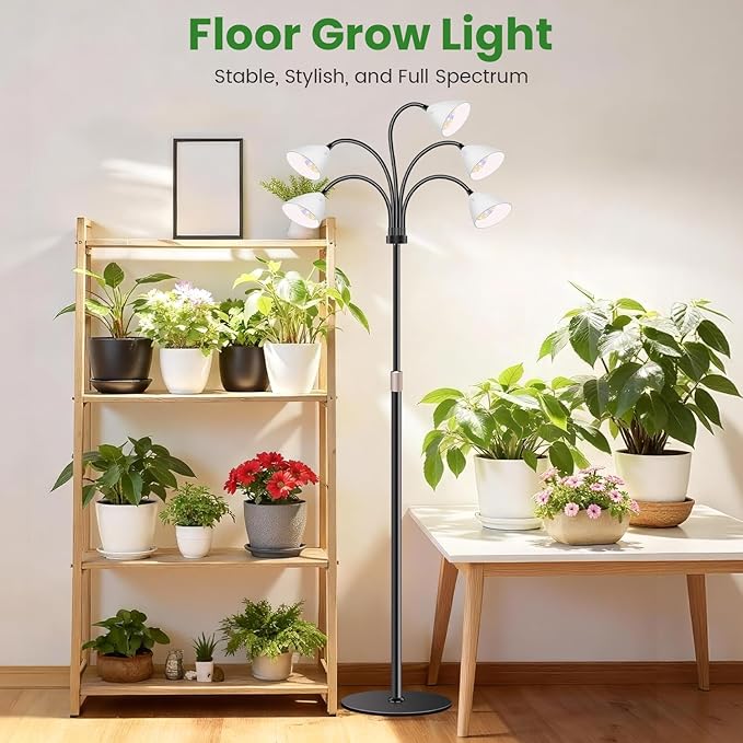 Wolezek Grow Lights for Indoor Plants Full Spectrum with Stand 5-Head 120 LEDs Floor Plant Grow Lamp for Large Plants Auto ON/Off Timer 6/12/16H 5 Dimmable Levels Adjustable Height 16.5-61