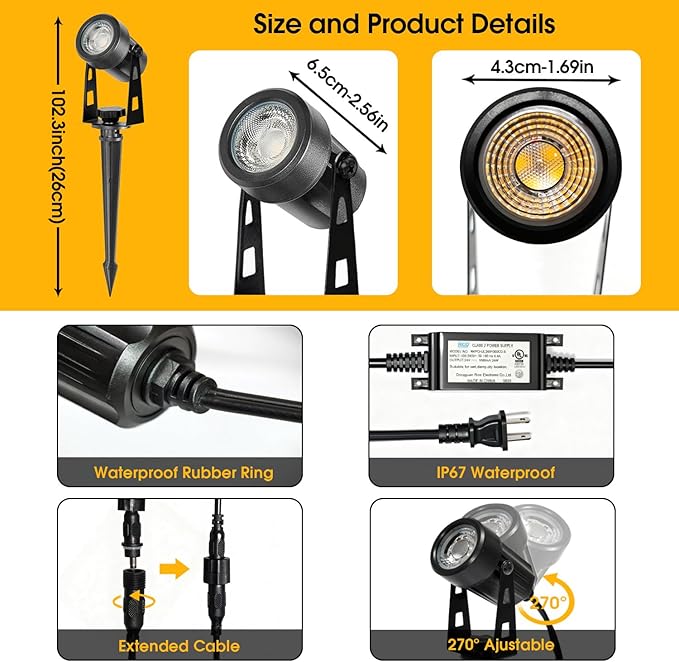 Outdoor Landscape Lighting LED Spot Lights Kit for Garden Yard House Lawn Tree Flags Fence Use Warm White 2700k-3300k IP67 Waterproof &amp Connectable - 4 Pack