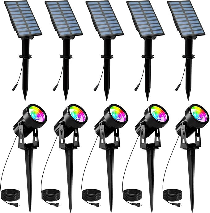 T-SUNUS Halloween Color Changing Solar Landscape Spotlights 5 Pack IP65 Waterproof Christmas Lights 9.8ft Cable Outdoor RGB Spot Light Separated Panel for Flag Tree Yard Garden Driveway Walkway Pond