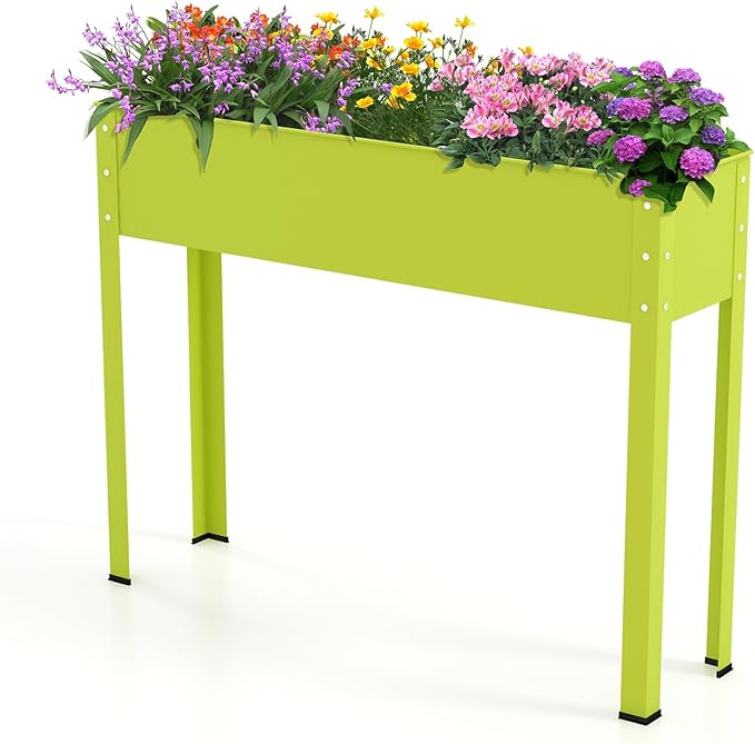 HAPPYGRILL Raised Garden Bed 31.5” Elevated Planter Box w/Legs Drainage Hole Hemming Design Metal Garden Box for Vegetable Herb Outdoor Raised Beds for Gardening Backyard Porch Balcony Green