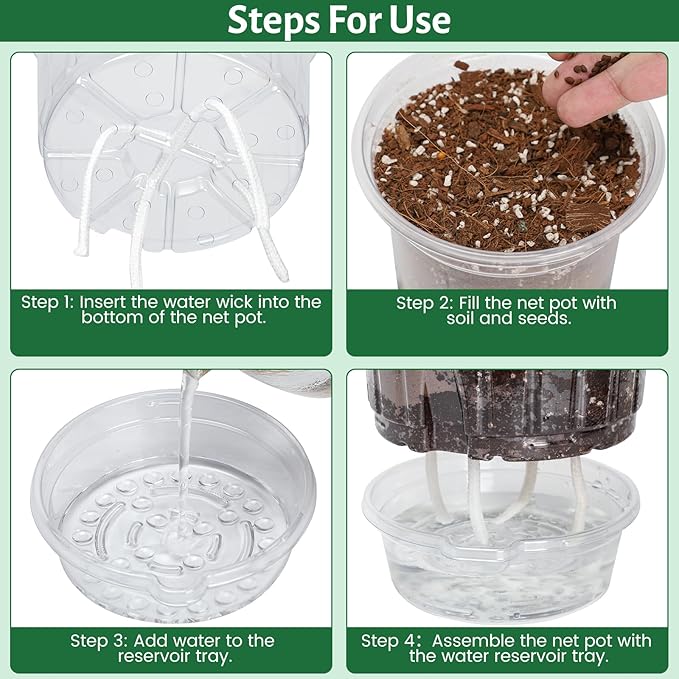 12 Pack 6.5 Inch Clear Self Watering Plant Pots with Bottom Water Tray &amp Watering Rope Transparent Nursery Pots with Drainage for Seedlings Herbs and Houseplants