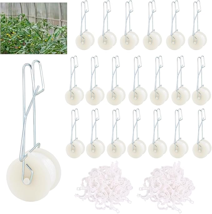 20PCS Tomato Roller Hooks with 49.21FT String and 200PCS Tomato Support Clips for TomatoPlant GreenhouseFlower Vine Twine Crop Greenhouse Trellising Kit