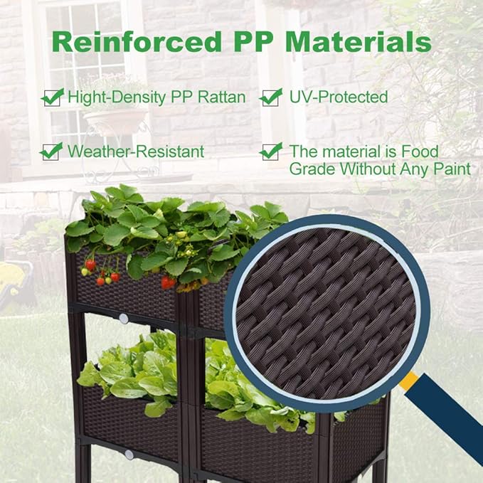 VINGLI Square Raised Garden Bed Self-Watering Plastic Planter for Indoor Outdoor Vegetables Fruits Potato Flowers All Weather (4 Pcs)