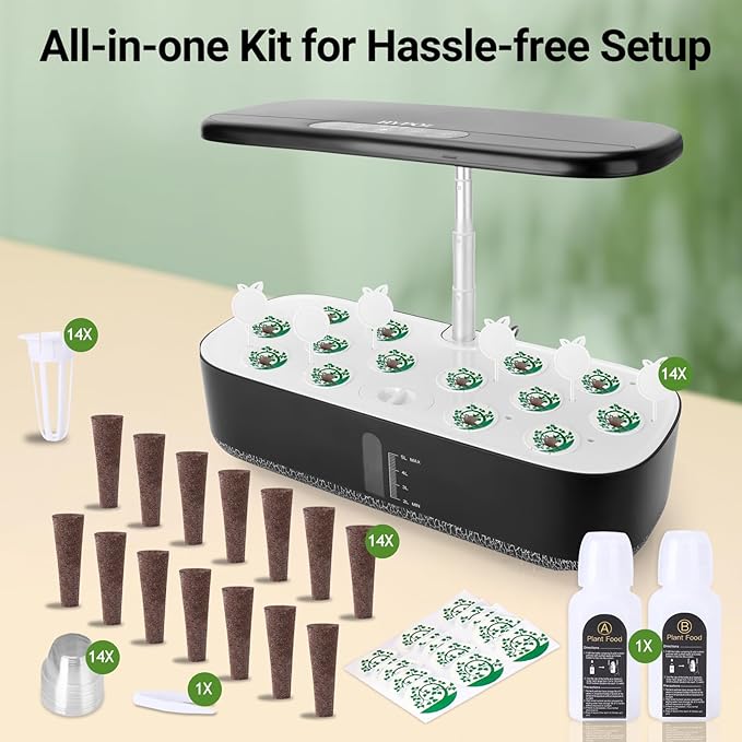 Hydroponics Growing System with LED Grow Light 14 Pods Indoor Herb Garden Full Spectrum Rotatable Light Panel Auto On Off Timing 12 14 16Hrs 5L Water Tank Harvest Fresh Veggie Lettuce Basil Tomato