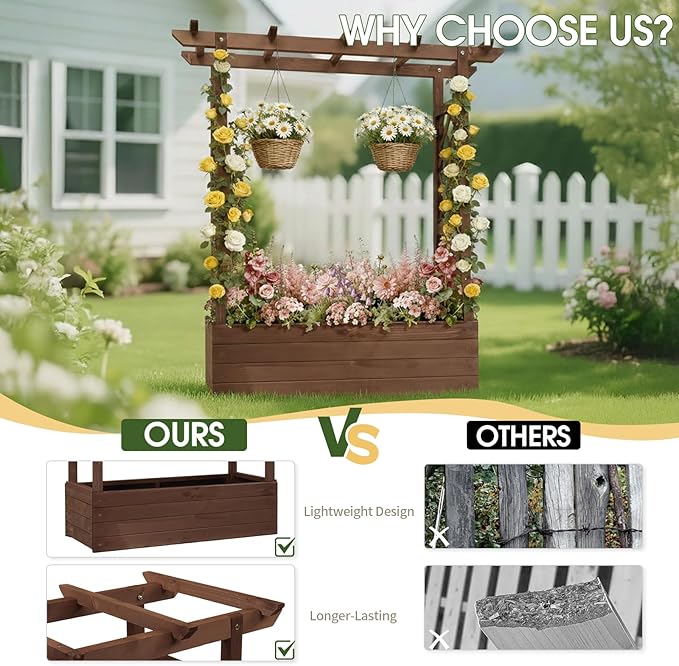 VINGLI Raised Garden Bed with Trellis &amp Hanging Roof Wooden Garden Bed Outdoor Planter Box for Yard Garden Balcony (Carbonized Wood Color Medium)