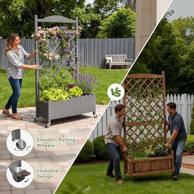 COMHOMA Raised Garden Bed with Trellis and Wheels48Inch Elevated Planter Box with Drainage HolesLattice Privacy Screen for Climbing Plants VegetablesOutdoor for Patio Balcony YardGray