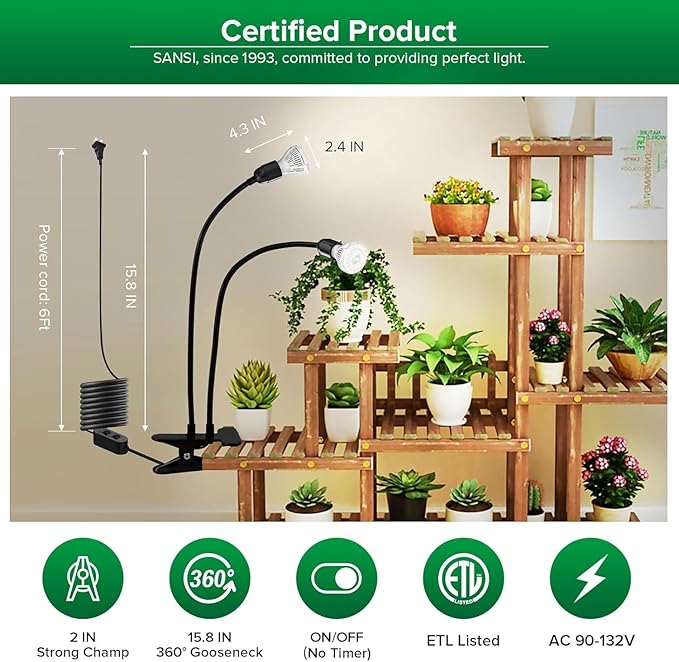 SANSI LED Grow Lights for Indoor Plants Lifetime Free Bulb Replacement 300W Full Spectrum Dual Gooseneck Clip Plant Grow Light with Optical Lens for High PPFD Growing Power LampNo Timer
