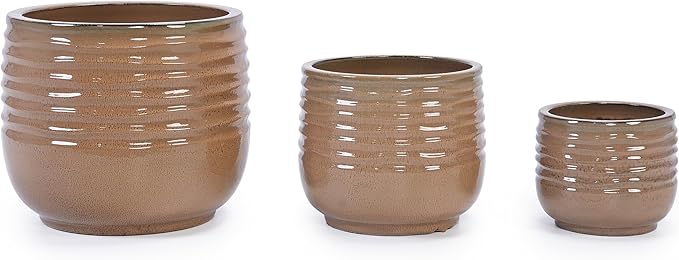 Handmade Glazed Ceramic Planter Set of 3 15118 Inch Diameter Horizontal Ribbed Texture for Succulents Cacti Outdoor Indoor Staircase Use Breathable Clay with Drainage Holes Beige