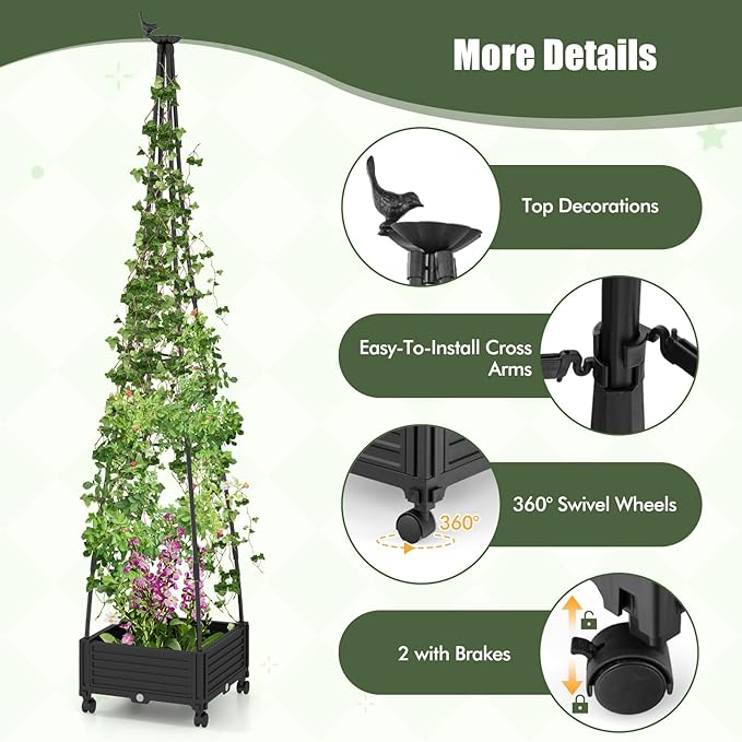 Giantex Set of 2 Rolling Raised Garden Bed with Climbing Trellis Obelisk &amp Bird Top 11 Fasten Straps Gloves Planter Garden Boxes on Wheels Self-Watering System PE-Coated Metal Rack