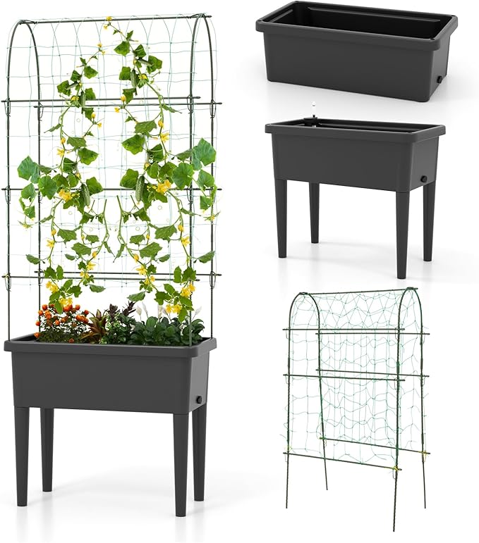 Giantex Raised Garden Bed with Climbing Trellis Self-Watering Elevated Planter Water Level Indicator &amp Drainage Hole Plant Raised Bed for Cucumber Vegetables Fruits Herbs