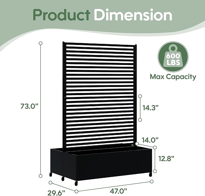 Double Metal Planter Box with Trellis Privacy Screen Raised Garden Bed with Trellis &amp Wheels Planter Box Outdoor with Drainage Holes for Climbing Plants Vines73x 47x 30 Black